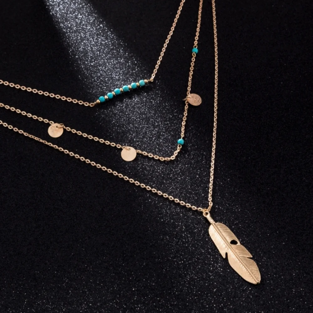 Gold Tone Layered Feather Necklace